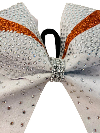 Girls Oversize Hair Bow 7" Elastic Ponytail Holder White Orange  Bejeweled