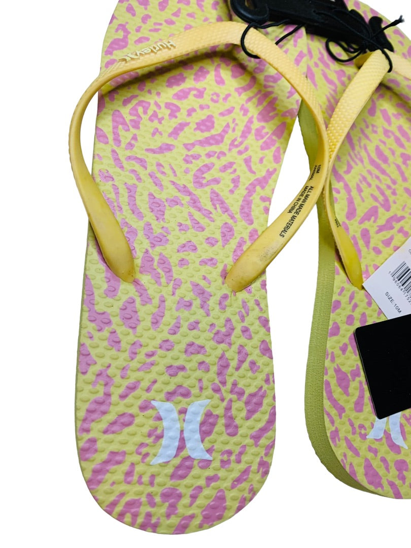 10M Hurley Womens New Animal Flip Flops Yellow Pink Cheetah Sunrise