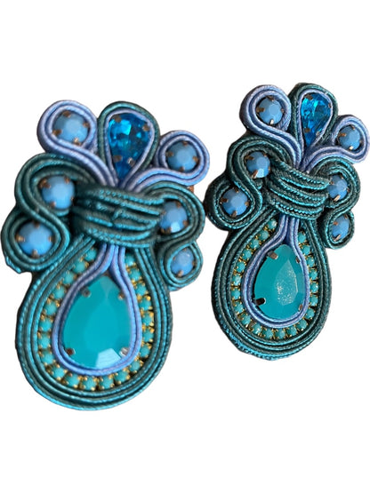 Soutache Post Earrings Flat Ribbon Statement Teardrop Turquoise Ornate 2.5"