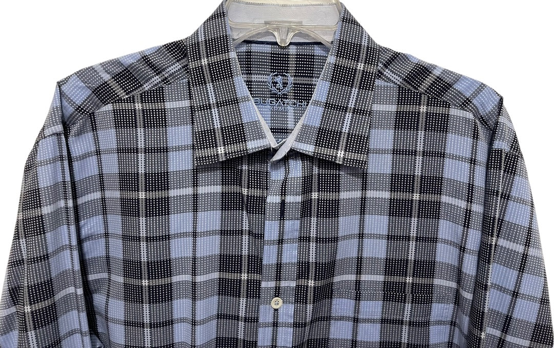 XL Bugatchi Uomo Mens Button Up Plaid Dress Shirt Blue Classic Fit 100% Cotton