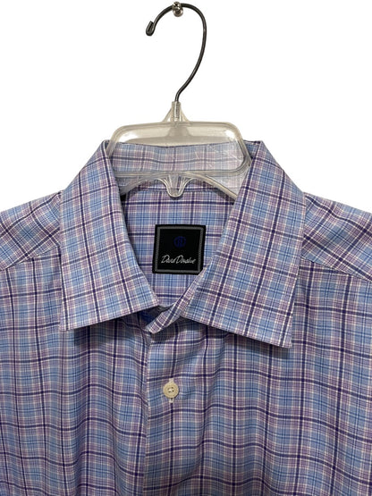 17.5 (32/33) David Donahue 100% Cotton Button Up Mens Plaid Dress Shirt Purple Blue Plaid