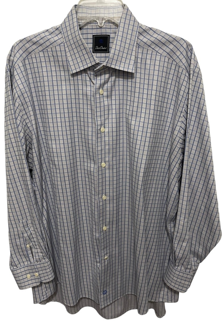 17.5 (32/33) David Donahue 100% Cotton Button Up Mens Plaid Dress Shirt Blue