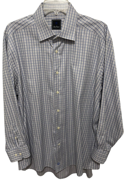 17.5 (32/33) David Donahue 100% Cotton Button Up Mens Plaid Dress Shirt Blue