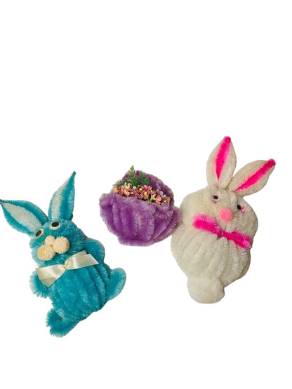 Handmade Vintage 1970s Easter Magnets Bunny Basket Chenille Pipe Cleaner Googly Eyes