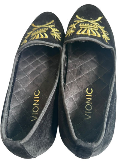 7.5 M Vionic Romi Black Velvet Flat Smoking Loafer Comfort Regal Crest Embroidered