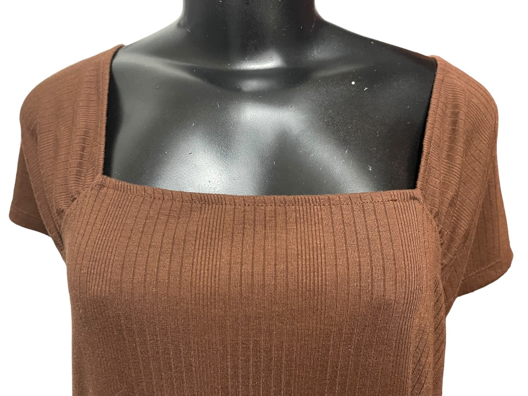 18/20 Lane Bryant Womens Plus Size Square Neckline Cap Sleeve Ribbed Top Brown