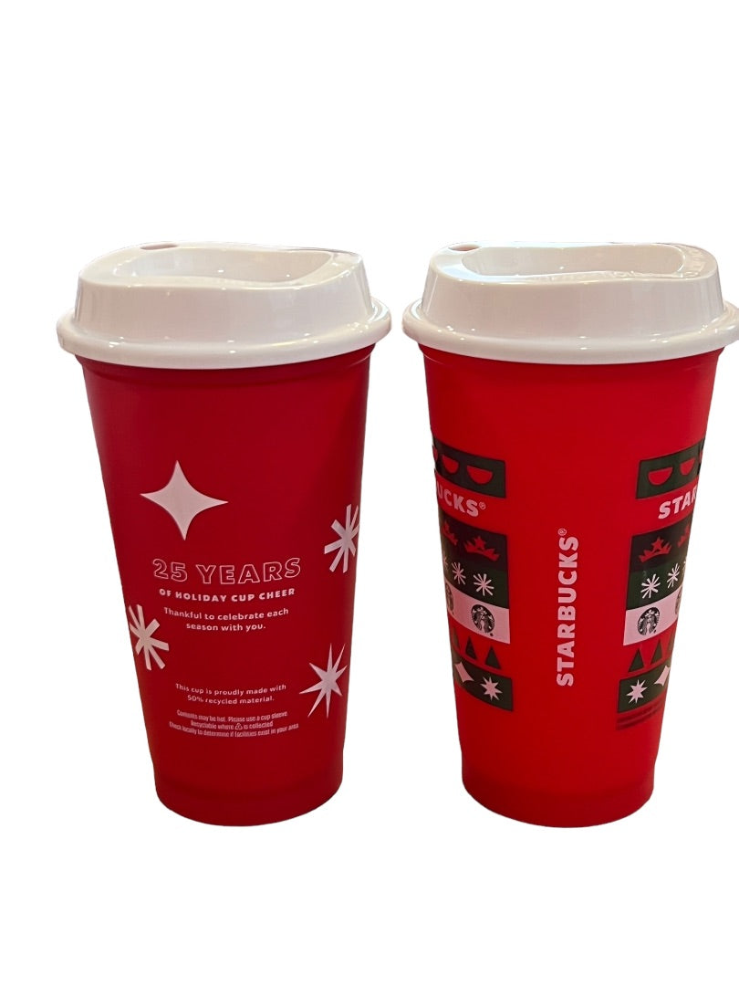 Starbucks 2 Christmas Coffee Cups & Lids Red Holiday Plastic 25 Years Tall 16oz Brand New