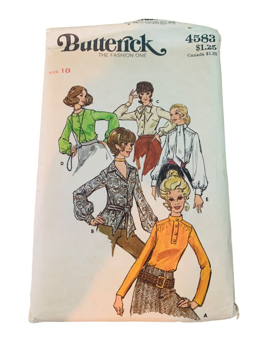 Uncut 1970s Butterick Misses' Blouses Vintage Sewing Pattern 4583 Size 18