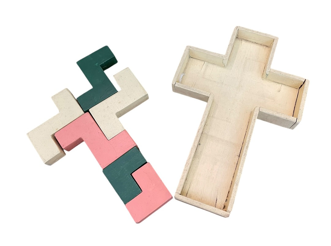 Vintage Wooden Cross Puzzle Toy 6 Pieces with Wooden Cross Box