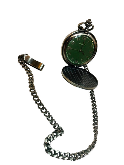 Guess Pocket Watch Working Green Face Leather Case Pewter Color 17" Chain Retro