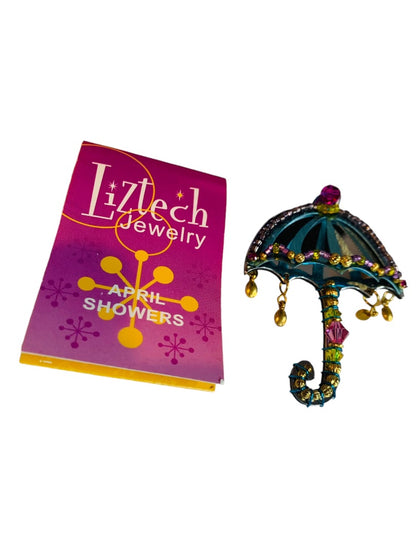 Signed Liztech Jewelry April Showers Brooch Pin 2008 Umbrella 2.5" with Tag