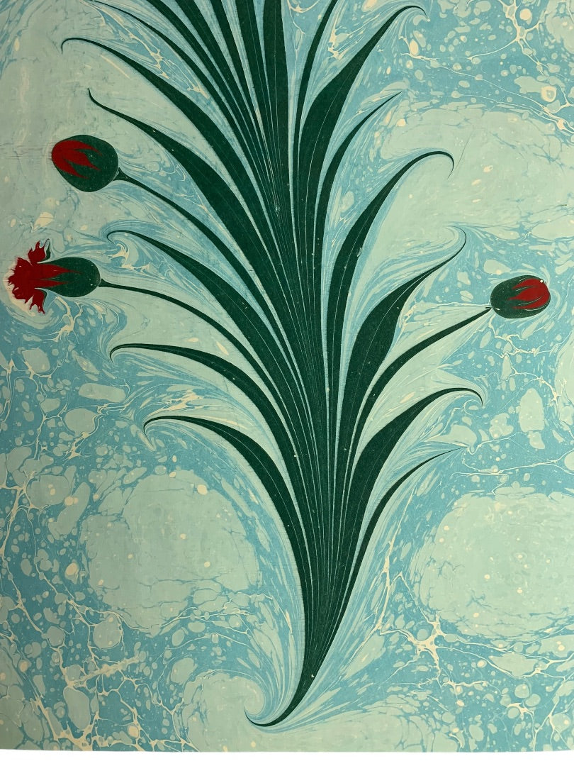 Turkish Art of Marbling Ebru Red Carnation Turquoise Marbled Painting 17.75" x 13.5"