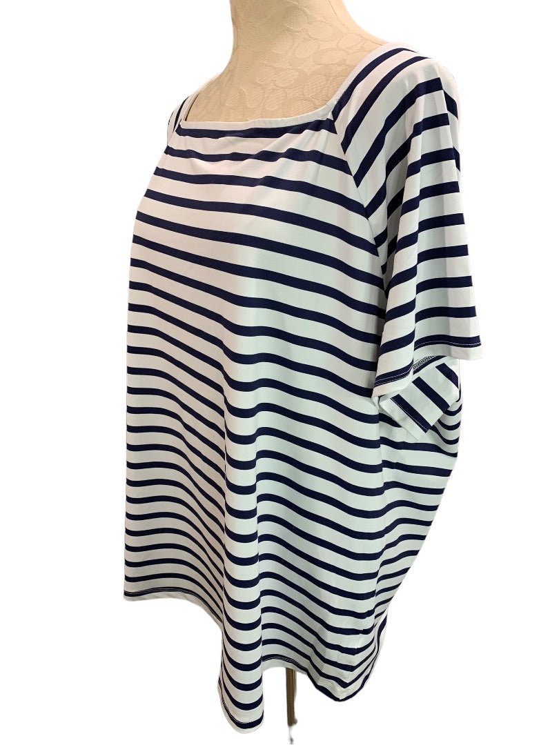 3X Talbots Womens Navy Blue White Stripe Square Neck Short Sleeve Pullover Stretch Fabric