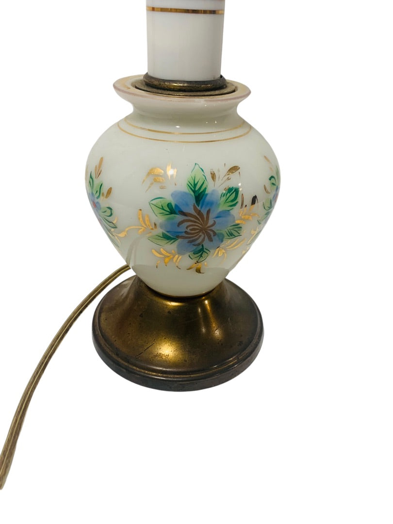 Vintage Milk Glass Painted Floral Table Lamp Blue Yellow Gold Trim Works 18.75"h