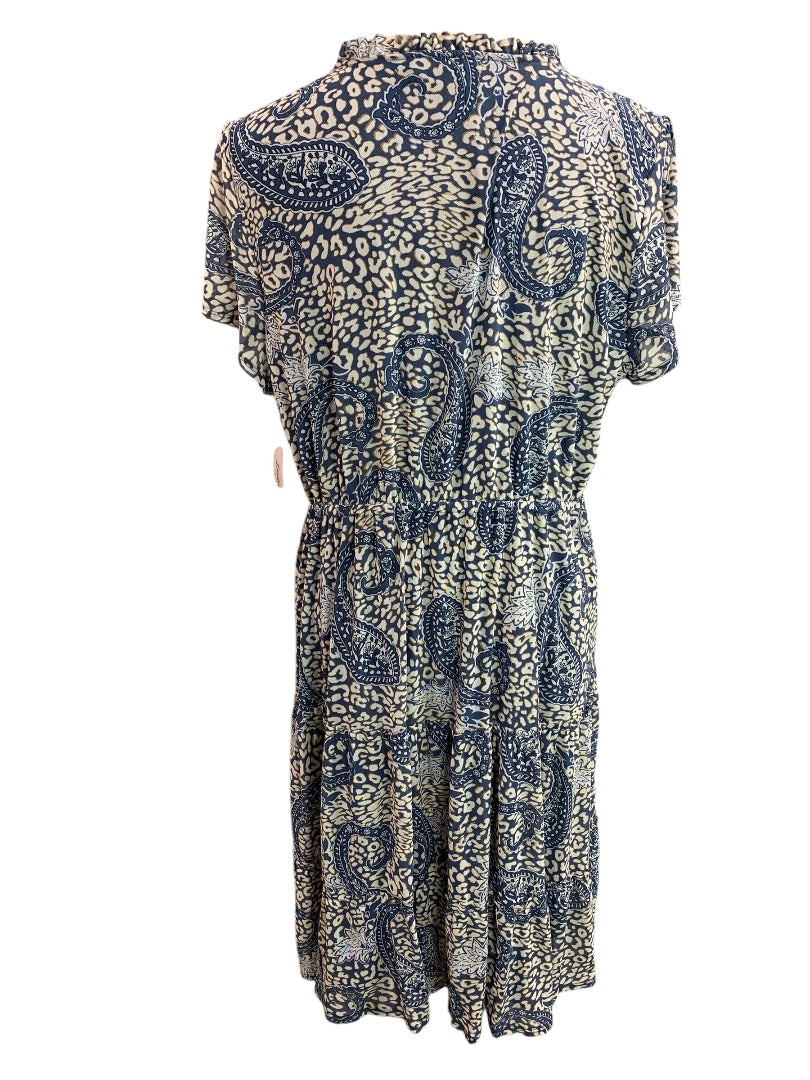 XL Indigo Rose New Paisley Print Boho Dress Elastic Waist Lined Stretch Fabric Blue Tan