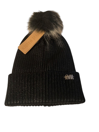 Steve Madden Foiled Beanie Faux Fur Womens New Hat Black Pom Pom