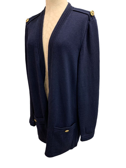 Large St John Basics Santana Knit 1980s Cardigan Sweater Navy Blue Goldtone Buttons