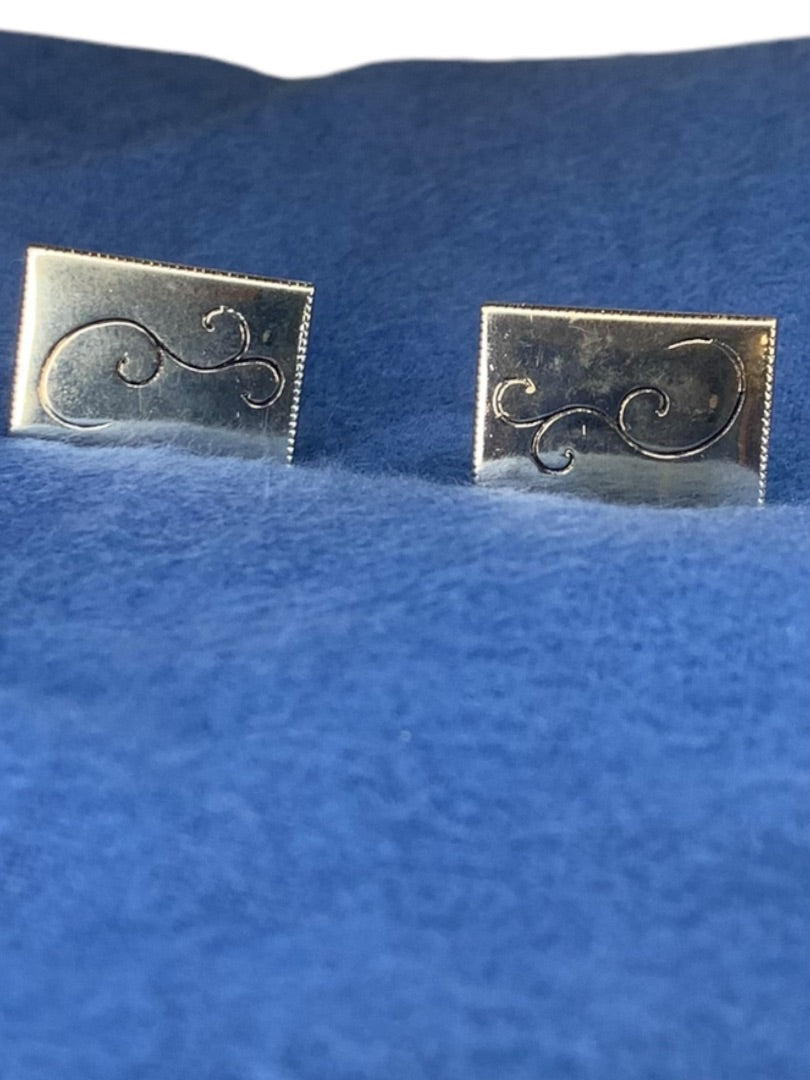 Vintage 1960s Pair Silvertone Cufflinks Swirl Design Bullet Back Rectangular