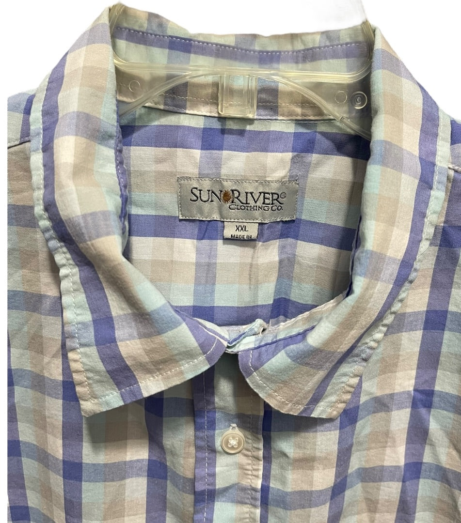 XXL Sun River Clothing Co. Short Sleeve Button Up Mens Shirt Plaid Blue