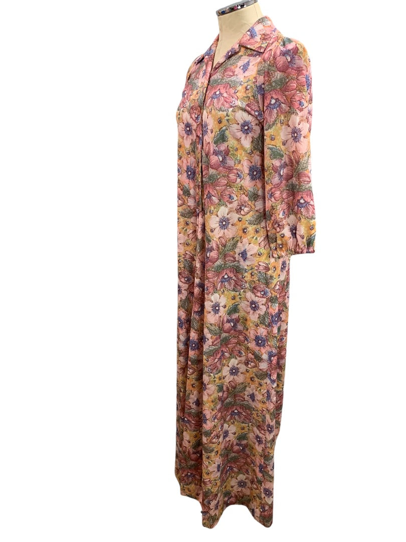 Large Custom Made by D. Wear 1960s Pullover Floral Polyester Long Dress