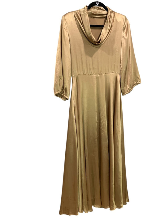 Medium Vintage 1970s Draped Gold Silky Gown Handmade Cowl Neck Dress Flawed