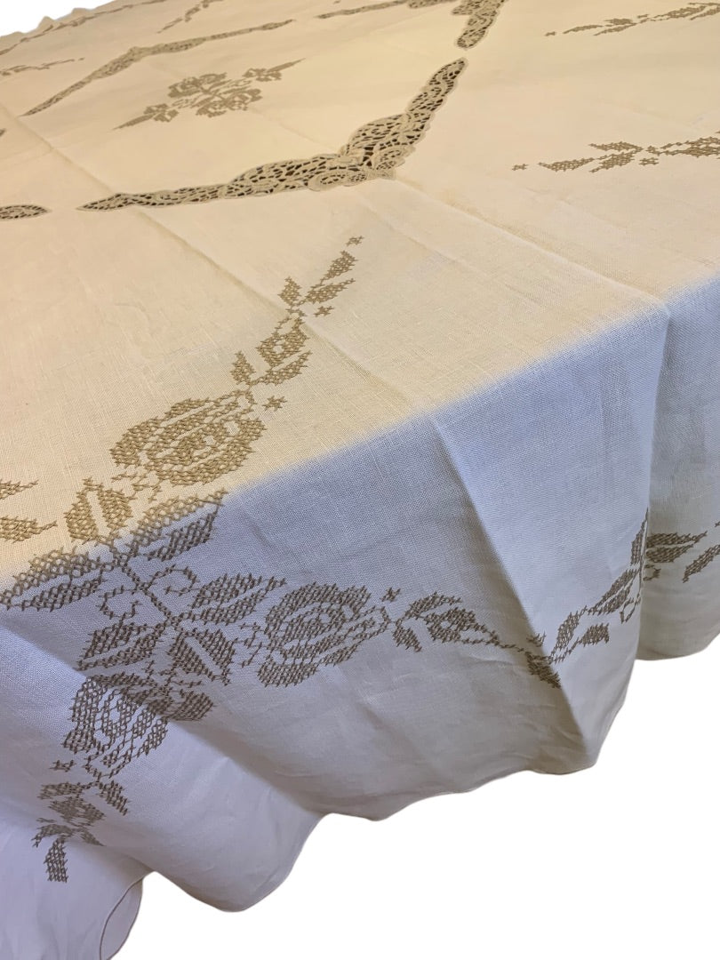 Vintage Tablecloth Embroidered Taupe Floral 66 x 83 Inches Scalloped Edge