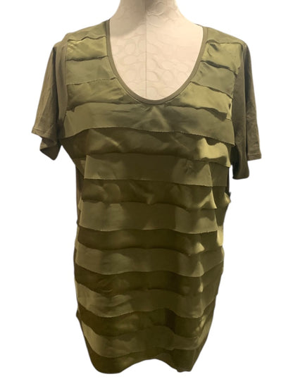 1X Preswick & Moore Womens New Satin Ruffle Front Tshirt Olive Green