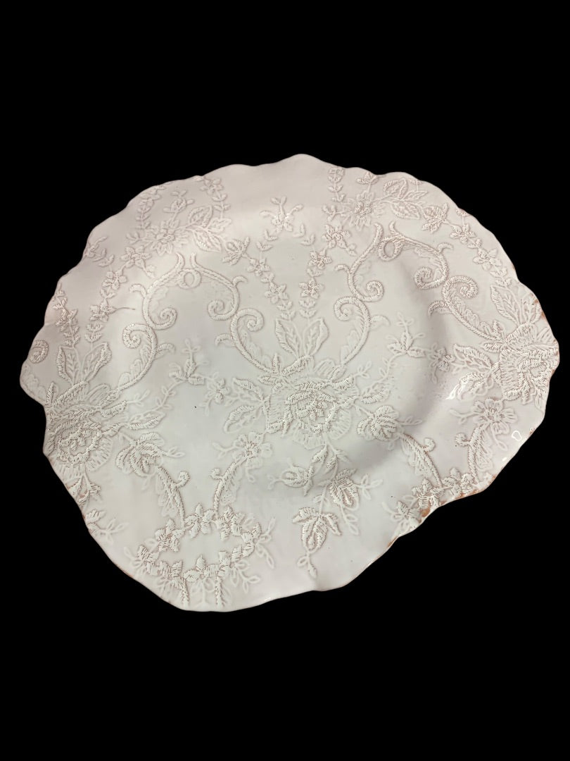 Art Pottery 15 Inch Serving Platter Plate Lace Design Shabby Chic White