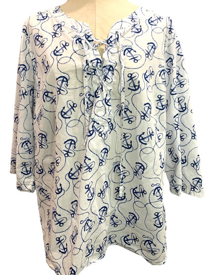 2X Talbots Womens Popover Lightweight Blouse Shirt Anchor Print