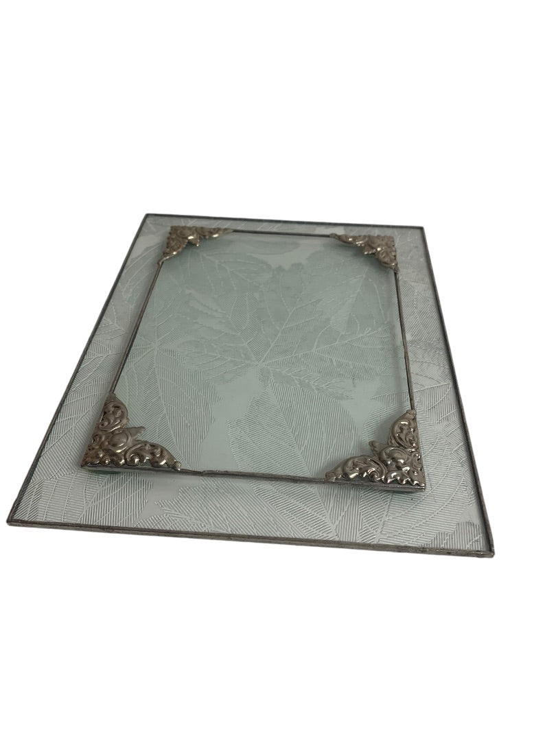 Textured Glass Display Tray Ornate Metal Trim Vanity 10x8 Inches