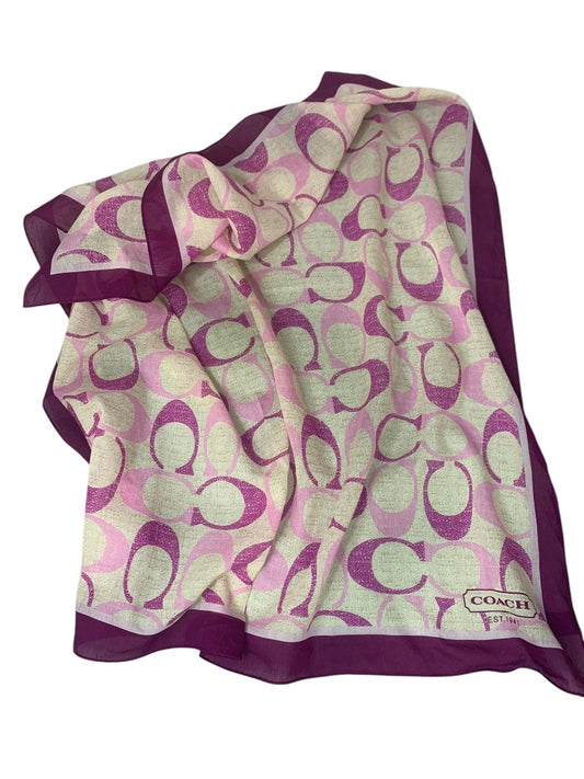 Coach Signature Purple Logo Silk Cotton Blend Scarf 26 Inch Square CA22608