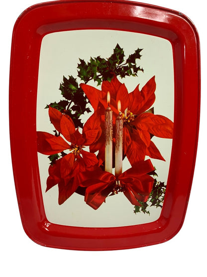 Vintage Holiday Christmas Metal Serving Tray 15 x 11 Inch Poinsettia Candle