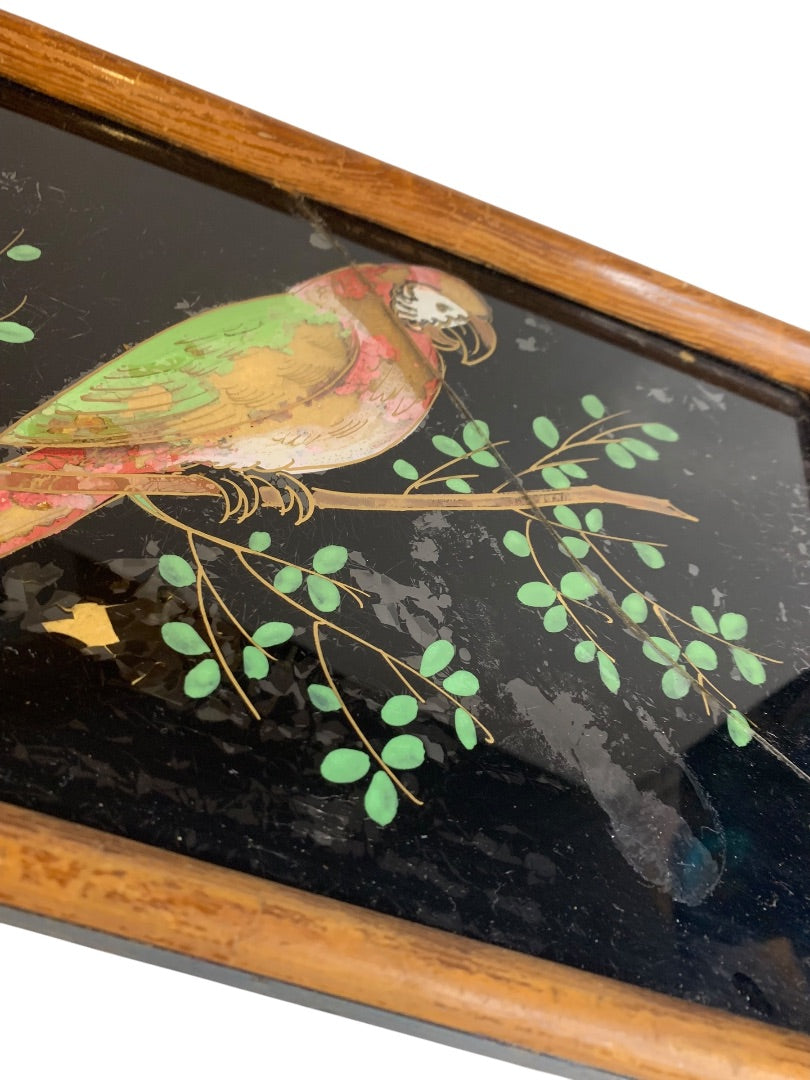 Vintage Reverse Glass Painted Parrot Handled Tray Cracked 13x8 Inches