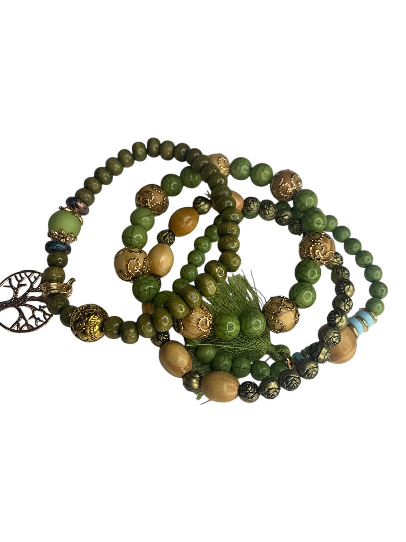 Set of 4 Green Gold Boho Stretch Bracelets Tassel Beaded