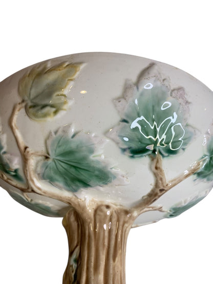 Antique English Majolica Pedestal Fruit Compote Serving Dish Maple Leaves