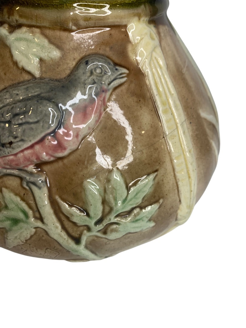 Antique Majolica Spitoon Cuspidor Birds Brown Lavender Interior