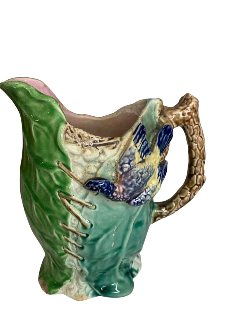 Majolica Pottery Pitcher Antique Bird Corset 1880s 8.5 Inch