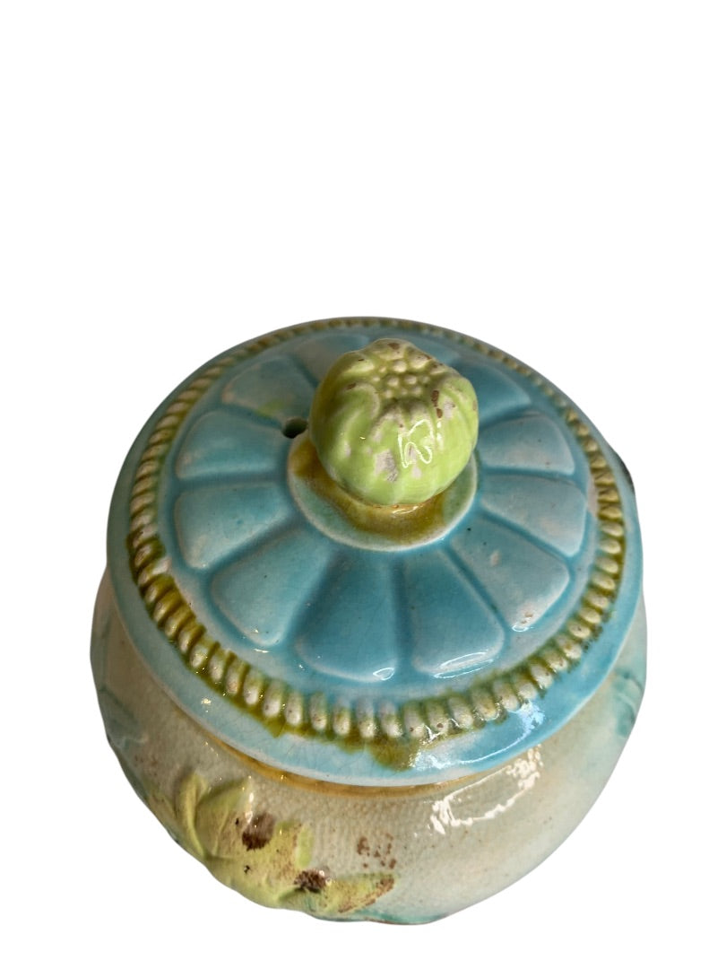 Antique Majolica Water Lily Lidded Jar Pot 5.25 Inch