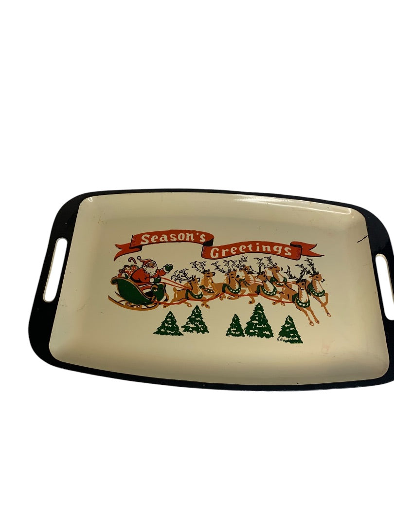 Midcentury Christmas Cookie Tray Handled Santa Seasons Greetings