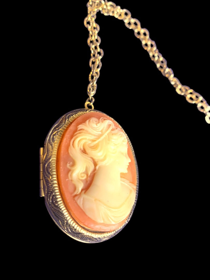 Vintage Cameo Pendant Locket Necklace Goldtone Pink