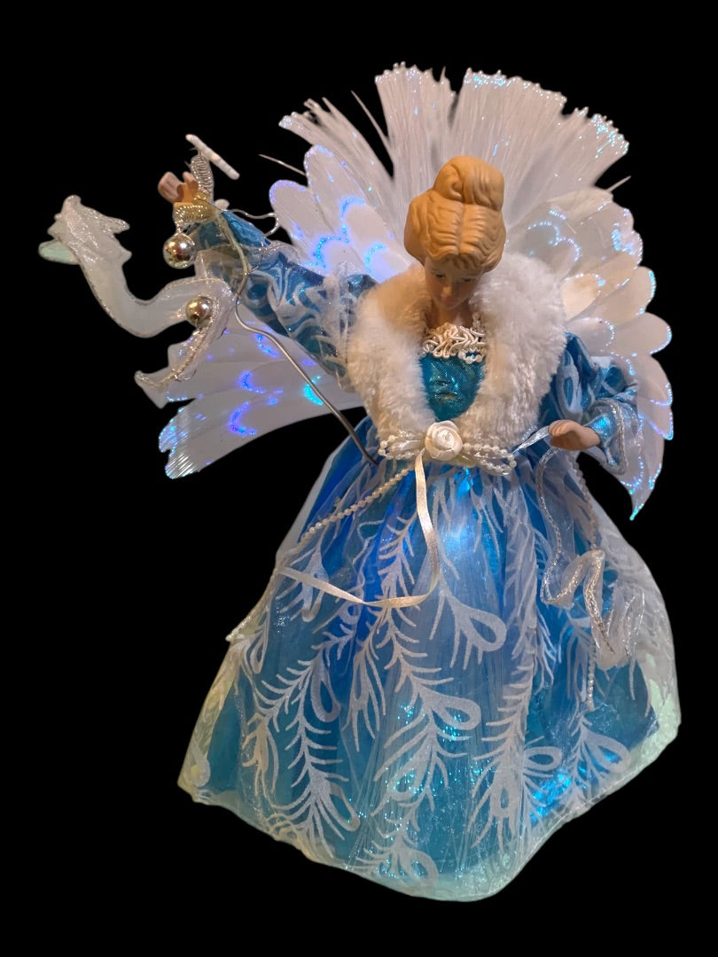 Vintage Fiber Optic Angel Fancy Tree Topper Blue Porcelain Head 14 Inch