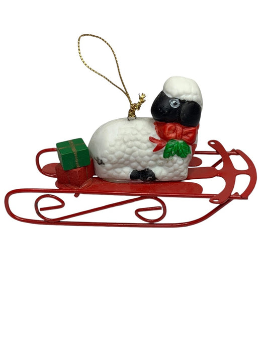 Vintage Ceramic Sheep on Metal Sled Ornament Christmas Holiday