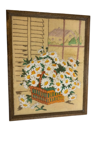 Vintage 1970s Crewel Embroidery Daisy Basket Framed Picture 17.5x13.5 Inches