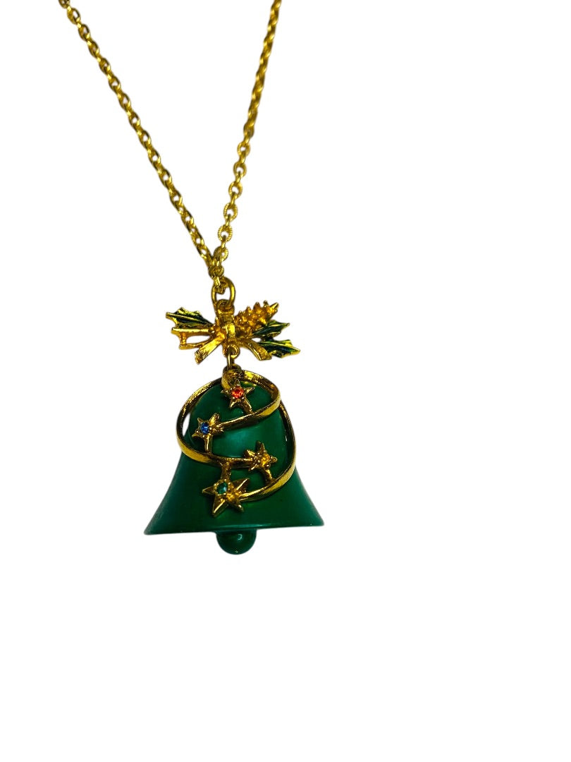 Vintage Holiday Necklace 23 Inch Goldtone Green Bell Pendant Christmas