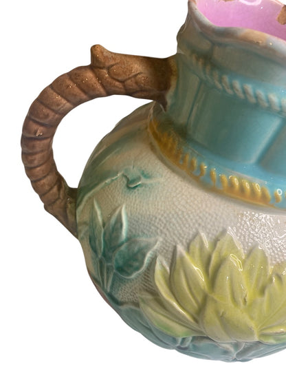 Samuel Lear Majolica Pitcher Water Pond Lily Rope Antique Victorian Chips