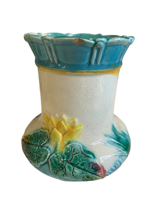 Antique Majolica Lily Pond Pitcher Pottery 5 Inch Vibrant Color