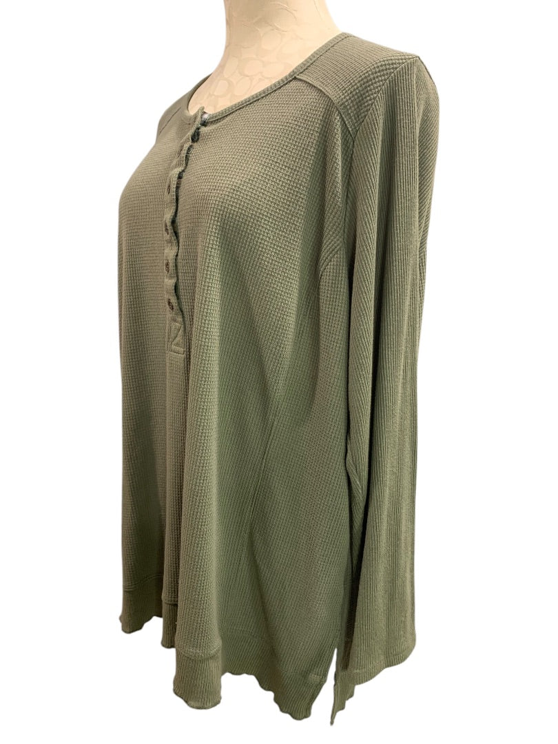 22/24 Avenue Womens Thermal Henley Shirt Olive Green Lightweight