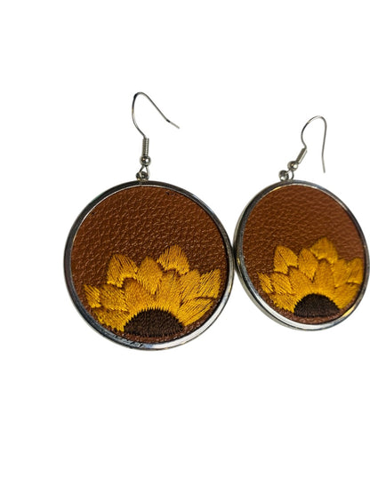 Silvertone Embroidered Faux Leather Sunflower Hook Pierced Earrings