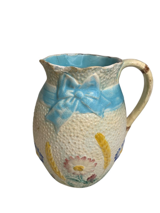 Antique Simon Fielding Majolica Pitcher Pottery Wildflower Blue Bow 6 Inch