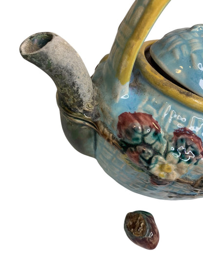 Antique Majolica Strawberry and Basket Teapot for Repair Broken